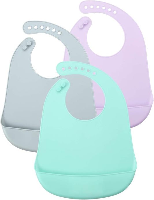 PandaEar 3 Pack Waterproof Silicone Baby Bibs| Super Thin Light Weight Feeding Bib with Food Catcher Pocket for Toddler
