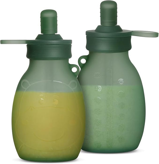 haakaa Hippo Wide Opening Silicone Goody Pouch – Reusable Pouches for Toddlers, Baby Food Pouches with Wide Opening for Easy Fill & Clean, Perfect for Purees & Smoothies, 9oz, 2 Pack, (Pea Green)