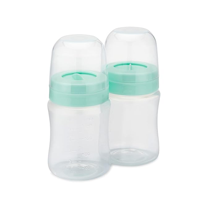 Motif Medical Breast Milk Storage Bottles for Duo Breast Pump - Durable Plastic Breastfeeding Essentials w/Locking Rings, Lids & Nipple Caps - Breast Milk Container (Set of 2, 160 ml)