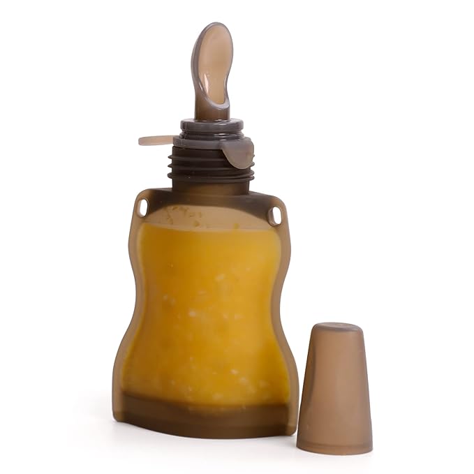 Haakaa Silicone Baby Food Spoon, Squeeze Feeding Spoon with Dust Cover, Portable Reusable Food Storage Pouch. Great for soft foods and liquids, 4oz, 1 Pack.