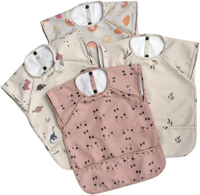 GZMM Waterproof Baby Bibs,Infant Toddler Extra Cover Feeding Bib With Food Catcher,Easy Clean & Washable