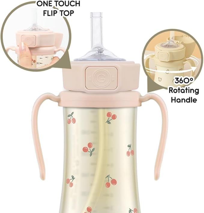 GROSMIMI Flip Top Spill Proof Sippy Cup, PPSU, BPA Free, 10 oz, Stage 2 Straw for Toddlers (Cherry)