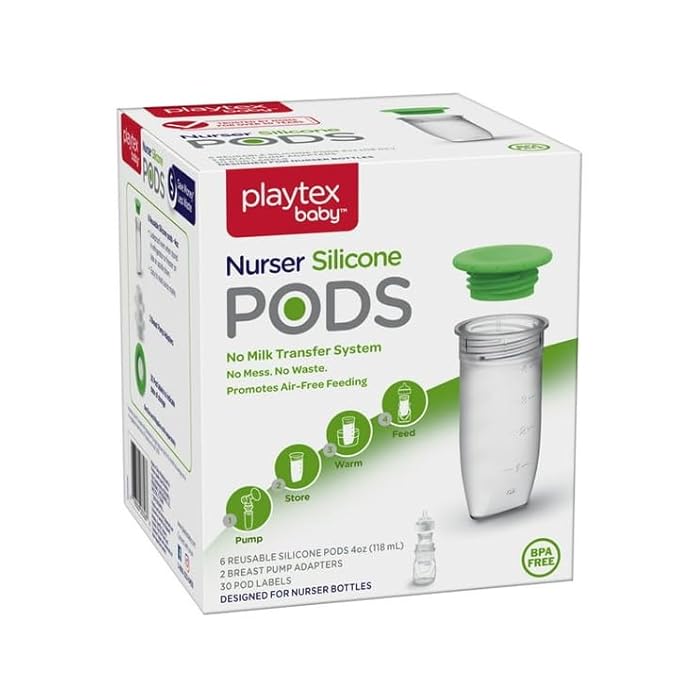 Playtex Baby Nurser Reusable Silicone PODS, 4 Oz (6 Count), Anti-Colic, Gas Reduction, Connects to Breast Pump, Freezer Friendly, Feeding Essentials for Newborn and Breastfeeding Babies