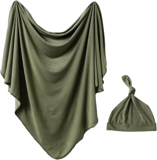 iEvolve Cotton Knitted Baby Swaddle Blanket with Hat Headband Set Newborn Swaddle Wrap Receiving Blankets for Baby Girl Boy 35" x 35"(OliverGreen)