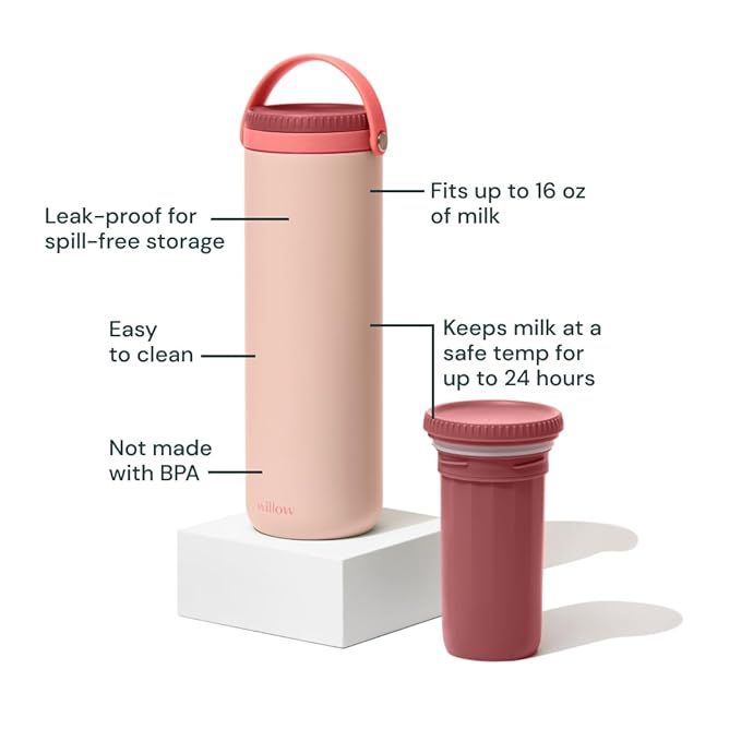 Willow - Portable Breastmilk Cooler - Keeps Breast Milk Cold for 24 Hours - Stainless Steel - Insulated - Reuseable - Breastfeeding Essentials - Storage Container w/Gel Ice Pack - Pink - 16oz