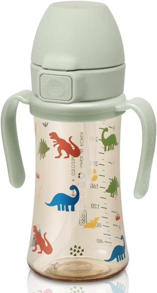GROSMIMI Flip Top Spill Proof Sippy Cup, PPSU, BPA Free, 10 oz, Stage 2 Straw for Toddlers (Dinosaur)