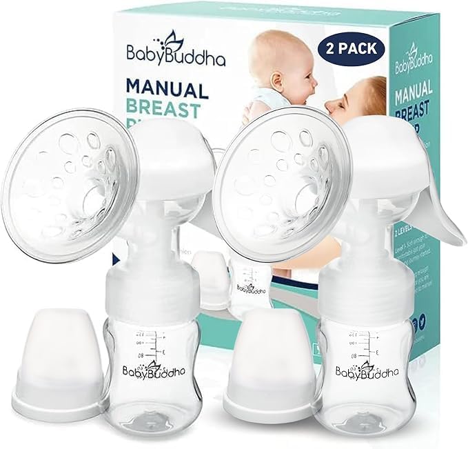 BabyBuddha Manual Breast Pump, Single Hand Expression Breastmilk Pump, Cordless and Portable, No Batteries or Power Needed, Soft Silicone Massage Cushion, BPA Free, Quiet, Dishwasher Safe, 2 Pack