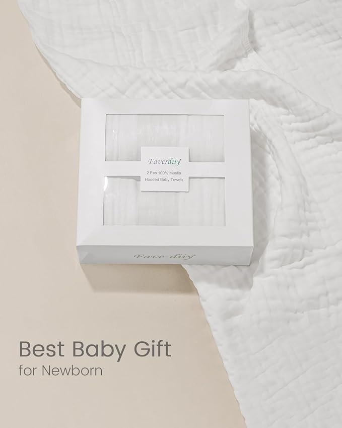 Hooded Baby Towels for Newborn, 2 Pack 100% Muslin Cotton Baby Bath Towel with Hood for Baby Toddler and Kids, Large 35x35 Inch Baby Boy & Girl Towels, Essentials Must Have