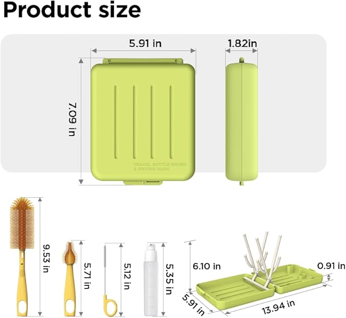 YOTIME Travel Bottle Brush, Travel Bottle Cleaner Kit with Foldable Bottle Drying Rack, for Visit Friends and Relations, Baby Travel Essentials, BPA Free, Green