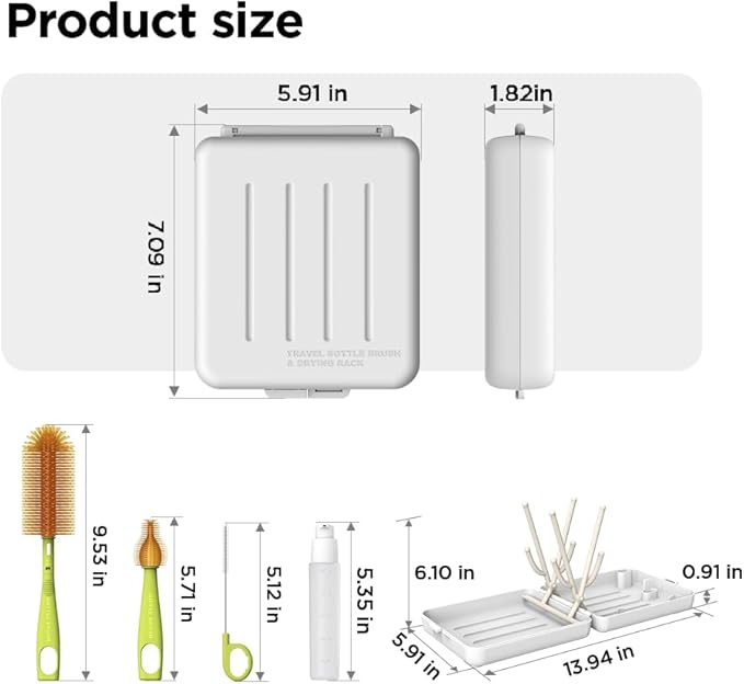 YOTIME Travel Bottle Brush, Travel Bottle Cleaner Kit with Foldable Bottle Drying Rack, for Visit Friends and Relations, Baby Travel Essentials, BPA Free, White