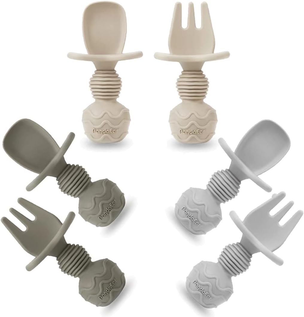 PandaEar 6 Pack Silicone Baby Spoons and Fork Feeding Set- Anti-Choke First Self Feeding Utensils for Baby Led Weaning Ages 3 Months (Tan,Walnut&Grey)