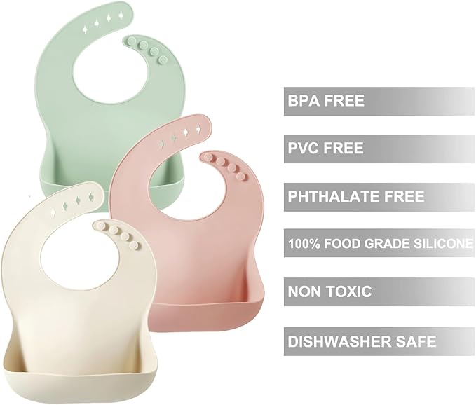 PandaEar Silicone Baby Bibs Set of 3 for Toddlers, BPA Free Waterproof Adjustable Feeding Bib with Large Pocket Food Catcher