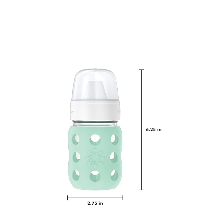 Lifefactory 8-Ounce Wide Neck Glass Baby Bottle with Protective Silicone Sleeve and Hard Sippy Spout, Mint (LG2221WMI4)