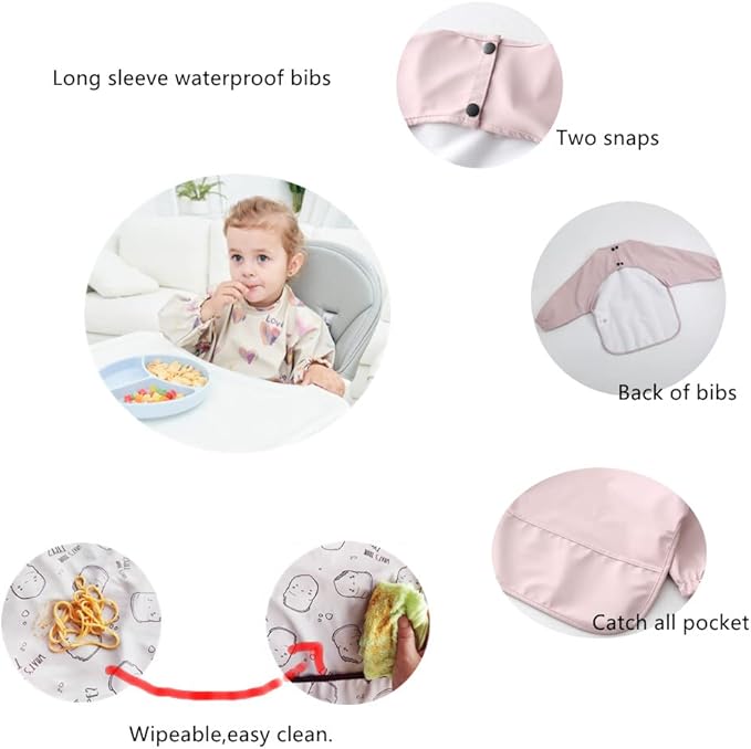 GZMM Waterproof Baby Bibs,Infant Toddler Long Sleeve Feeding Bib With Food Catcher,Wipe Clean & Washable