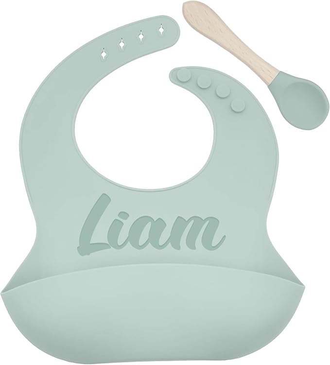 Personalized Silicone Bib and Spoon Set with Custom Name, Babies/Toddlers Durable Adjustable with Pocket for Baby Boy & Girl