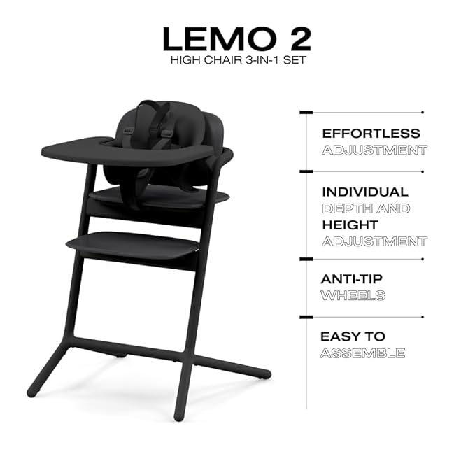 Cybex LEMO High Chair 3-in-1 Set with Baby Set + Snack Tray - Modern Design, One-Hand Depth & Height Adjustment & Anti-Tip Wheels - from 6 Months, Convertible to Adult Chair, Stunning Black