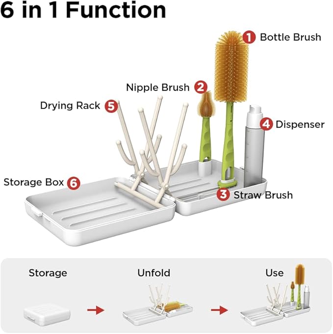 YOTIME Travel Bottle Brush, Travel Bottle Cleaner Kit with Foldable Bottle Drying Rack, for Visit Friends and Relations, Baby Travel Essentials, BPA Free, White