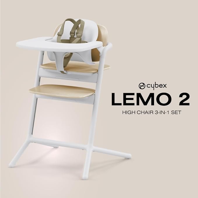 Cybex LEMO High Chair 3-in-1 Set with Baby Set + Snack Tray - Modern Design, One-Hand Depth & Height Adjustment & Anti-Tip Wheels - from 6 Months, Convertible to Adult Chair, Sand White