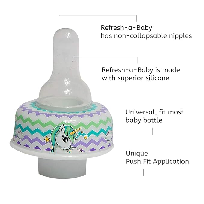 Refresh-a-Baby Reusable Bottle Top Nipple Adapter – Instantly Convert Any Bottle into a Sippy with Soft Silicone Nipples – Ideal for On-The-Go Feeding, BPA-Free, & Easy to Clean Pack of 2 (Unicorn)