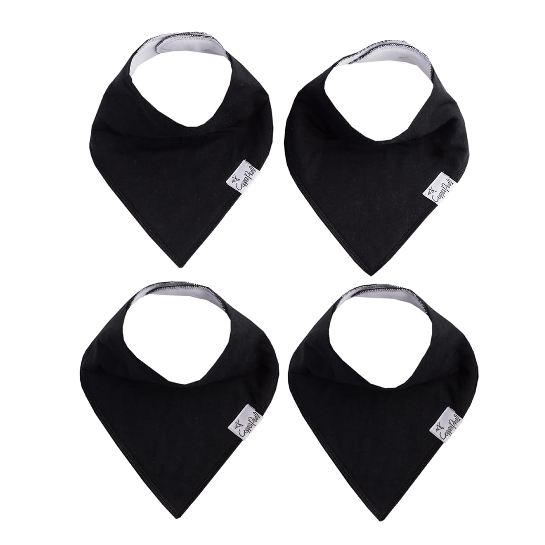 Copper Pearl 4 Pack Soft Cotton Baby Bibs for Drooling and Teething, Absorbent Drool Bibs for Baby Girl and Boy, Adjustable to Fit Newborns to Toddlers (Black Basics)