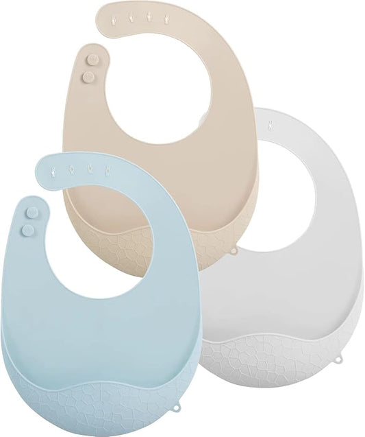 PandaEar 3 Pack Super Light Silicone Baby Bib for Boys Girls| Waterproof Baby Bibs with Pocket Food Catcher, Soft Adjustable Silicone Feeding Bibs
