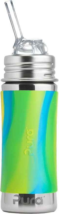 Pura Kiki 11oz/325ml Stainless Steel Straw Bottle w/Sleeve - 100% Plastic-Free, MadeSafe Certified, 100% Medical-Grade Silicone Straw for Kids, Toddlers, Preschoolers, & Infant - New Aqua Swirl