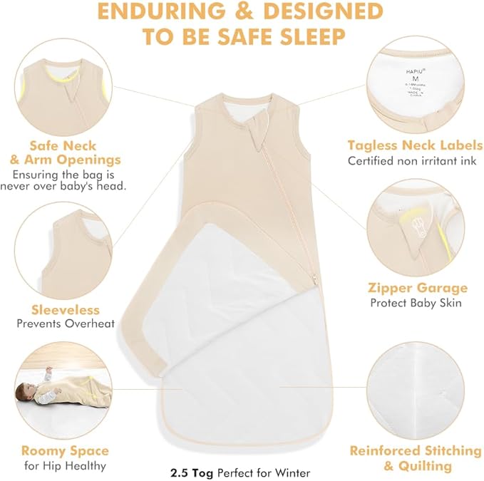 HAPIU Rayon Made from Bamboo Winter Baby Sleep Sack 2.5 TOG, 2-Way Zipper YKK, Warm Quilted Wearable Blanket