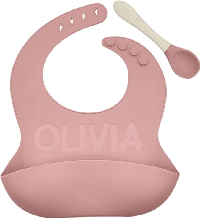 Personalized Silicone Bib and Spoon Set with Custom Name, Babies/Toddlers Durable Adjustable with Pocket for Baby Boy & Girl