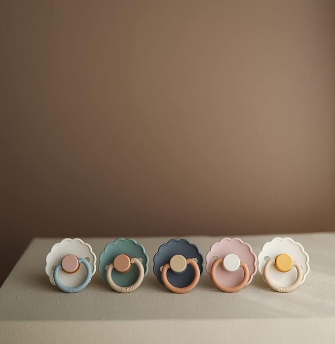 FRIGG Daisy Natural Rubber Baby Pacifier | Made in Denmark | BPA-Free (Aurora/Bright White, 0-6 Months) 2-Pack