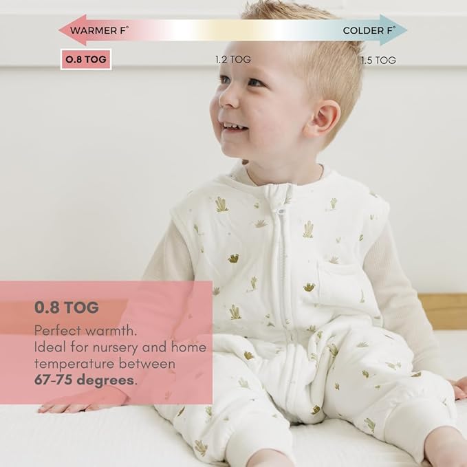 Tealbee Dreamsuit Toddler Sleep Sack with Feet – Walker Sleep Bag with Legs, Rayon made from Bamboo, Summer 0.8 TOG, 2-Way Zipper, 12m-2T - Cactus