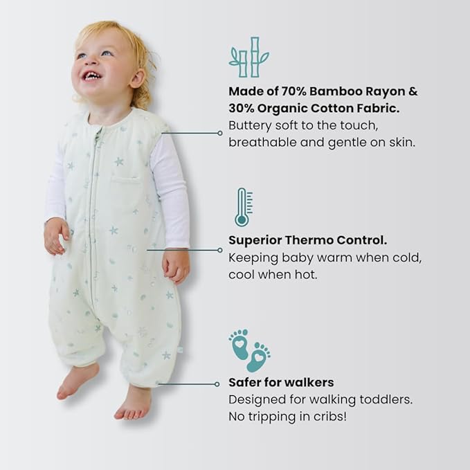 Tealbee Dreamsuit Toddler Sleep Sack with Feet – Walker Sleep Bag with Legs, Rayon made from Bamboo, Winter 1.5 TOG, 2-Way Zipper, 3T-4T - Seashell