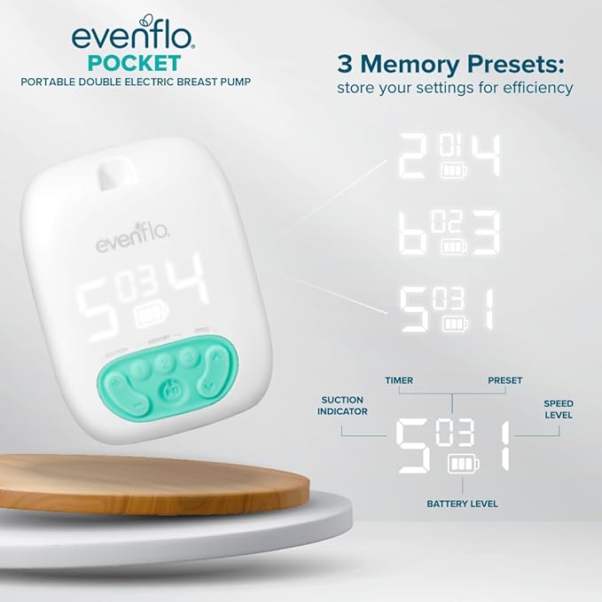 Evenflo Pocket Portable Double Electric Breast Pump, White, 20 Pumping Sessions per Charge, 9 Suction Settings, 3 Memory Presets