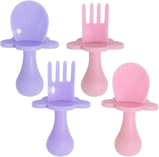 Grabease Baby Feeding Utensils Set - Infant and Baby Fork and Weaning Spoon for Ages 1-11 Months, BPAs and Phthalate-Free Cutlery, 2 Sets, Blush and Lavender