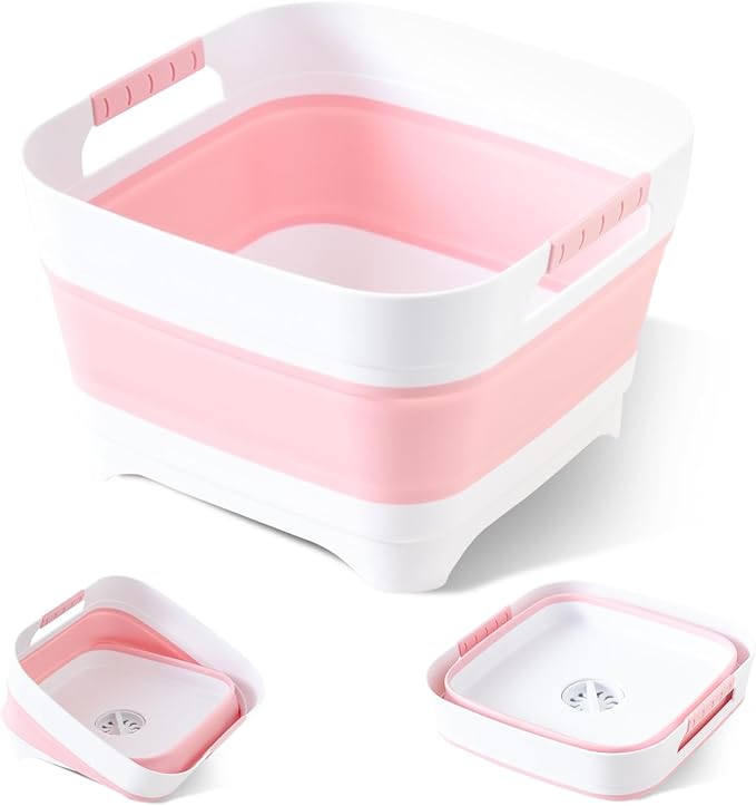 Collapsible Wash Basin for Baby Bottles - 2.4 Gallons Portable Wash Bin for RV Camping Sink, Space-Saving Dish Tub.Laundry & Utility Room Sinks (Pink)