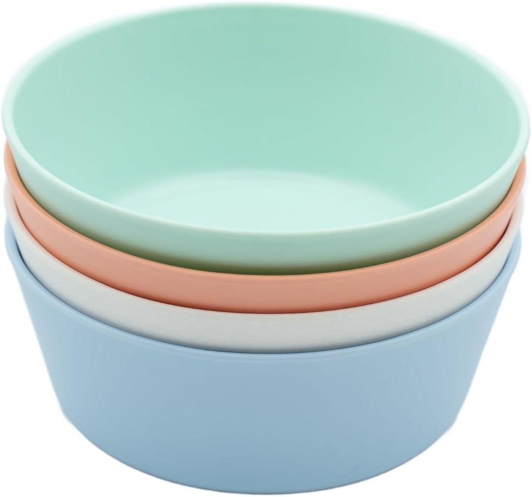 WeeSprout Bamboo Kids Bowls, Set of Four 10 oz Kid-Sized Bamboo Bowls, Dishwasher Safe Kid Bowls (Pastel Coral, Blue, Mint & Off White)