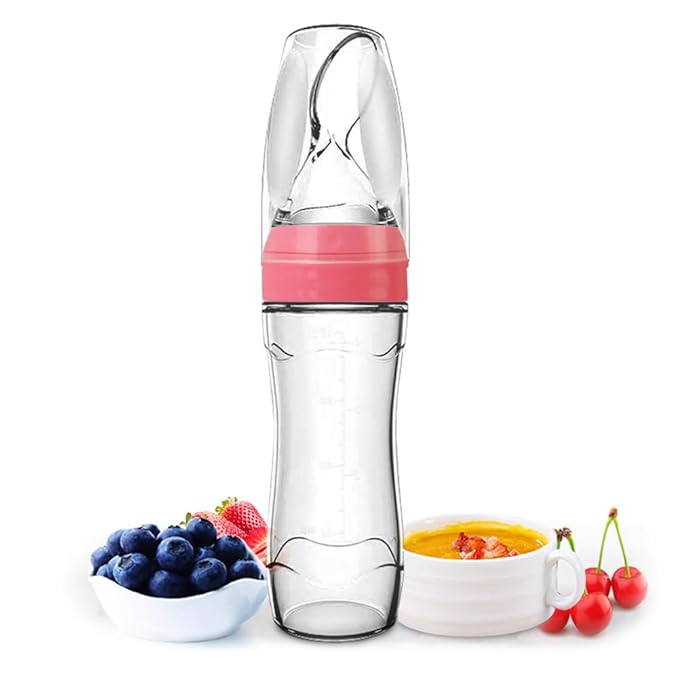 Matyz Silicone Baby Food Dispensing Spoon (Pink, 4oz / 120ml) Squeeze Feeder with Spoon - Spoon Bottle for Baby - Baby Spoon Feeder Bottle Baby Solid Food Feeder - Ideal for 4 Months+ Babies
