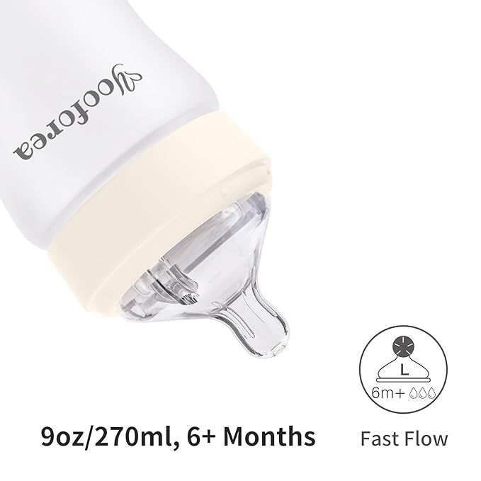 Yooforea Silicone Coated Glass Baby Bottle, 6M+ Fast Flow Nipple I Anti-Colic, Wide Neck, Stable Base I Medical-Grade Silicone Coating for Shatter Protection, BPA BPS PVC Free (9 Ounce-Cream)