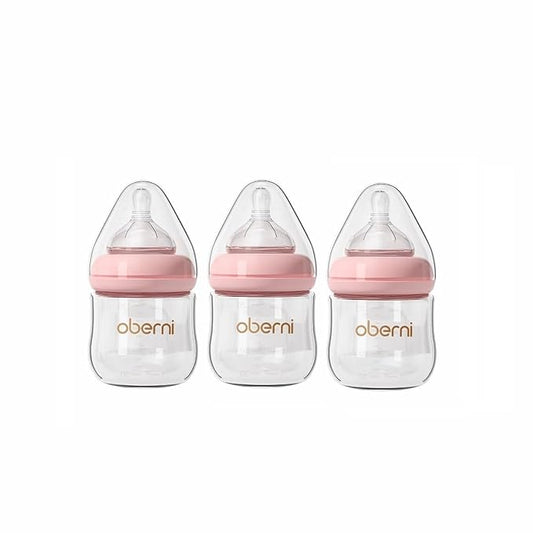 Glass Baby Bottles,Anti Colic Breastfeeding Bottle with Natural Response Nipple Size S,Wide Neck Slow Flow Baby Bottle for Baby,Newborn,Preemie 0-3 0-6 Month,BPA Free (Pink, 4 Ounce，3 Pack)