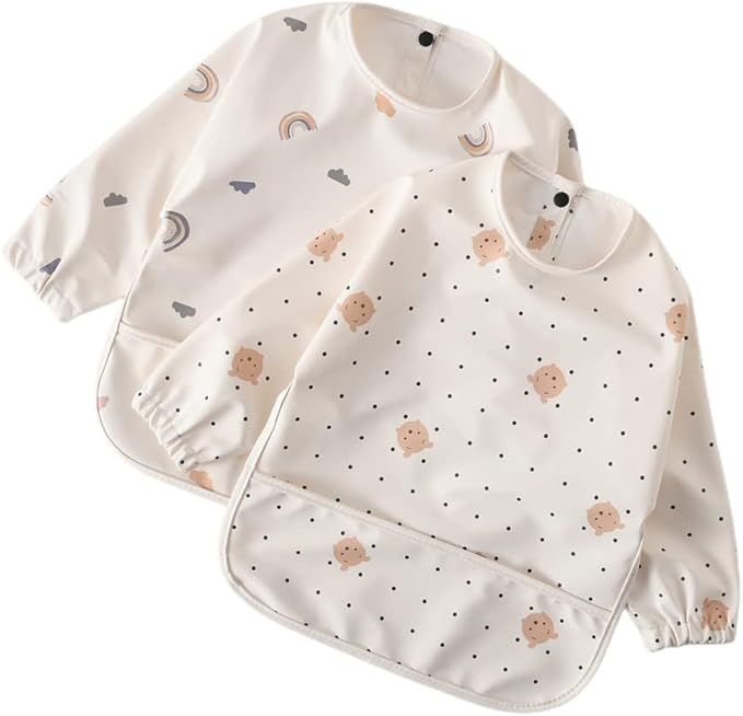 GZMM Waterproof Baby Bibs,Infant Toddler Long Sleeve Feeding Bib With Food Catcher,Easy Clean & Washable