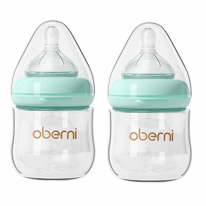 Glass Baby Bottles,Anti Colic Breastfeeding Bottle with Natural Response Nipple Size S,Wide Neck Slow Flow Baby Bottle for Baby,Newborn,Preemie 0-3 0-6 Month,BPA Free (Blue, 2 Pack, 4 Ounce)