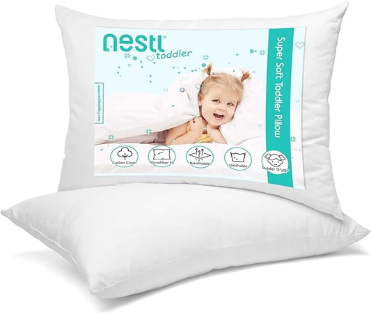 Nestl 2 Pack Toddler Pillow for Sleeping 13 x 18, Small Kids Pillow for Travel, Car, School, Nap, & Toddler Bed, Machine Washable Soft Cotton Child 2 Year Old and Up - White