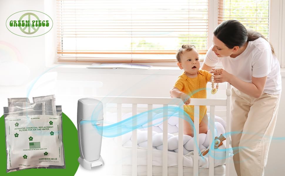 Green Piece® 12 Pack - Overstuffed - All-Natural Baby Diaper Pail Deodorizer | Activated Charcoal Air Purifier Compatible with Diaper Pails, Shoe Closets, Trash Cans, Pets - Made in The USA