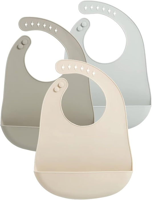 PandaEar 3 Pack Waterproof Silicone Baby Bibs| Super Thin Light Weight Feeding Bib with Food Catcher Pocket for Toddler