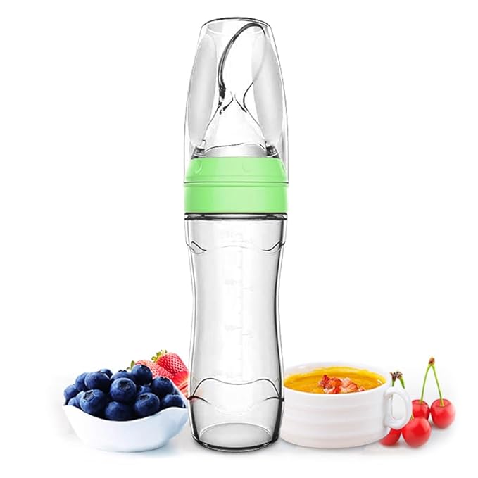 Matyz Silicone Baby Food Dispensing Spoon (Green, 4oz / 120ml) Squeeze Feeder with Spoon - Spoon Bottle for Baby - Baby Spoon Feeder Bottle Baby Solid Food Feeder - Ideal for 4 Months+ Babies