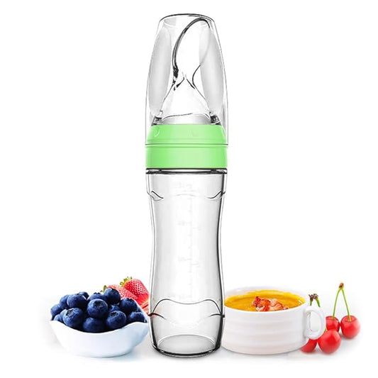 Matyz Silicone Baby Food Dispensing Spoon (Green, 4oz / 120ml) Squeeze Feeder with Spoon - Spoon Bottle for Baby - Baby Spoon Feeder Bottle Baby Solid Food Feeder - Ideal for 4 Months+ Babies