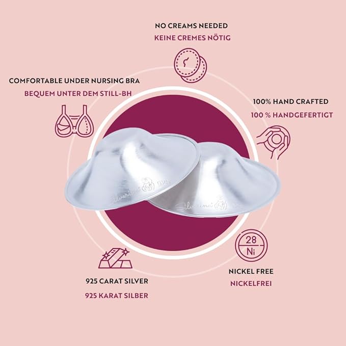 Set of 2 Silver Breastfeeding Caps, Nipple Shield Suitable for Protecting Nipples, Nursing Cups Suitable for All Breast Types, Silver Caps, Nickel Free Breastfeeding, Solid 925 Silver, Large