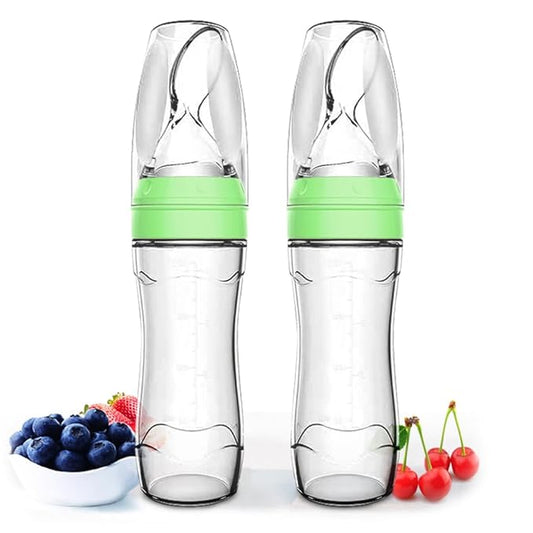 Matyz 2 PCS Silicone Baby Food Dispensing Spoon (Green, 4oz/120ml) Squeeze Feeder with Spoon - Spoon Bottle for Baby - Baby Spoon Feeder Bottle Baby Solid Food Feeder - Ideal for 4 Months+ Babies