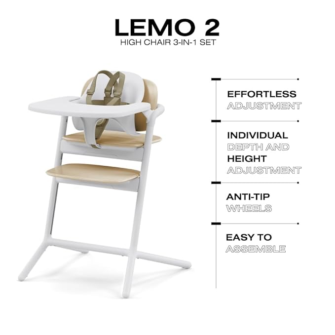 Cybex LEMO High Chair 3-in-1 Set with Baby Set + Snack Tray - Modern Design, One-Hand Depth & Height Adjustment & Anti-Tip Wheels - from 6 Months, Convertible to Adult Chair, Sand White