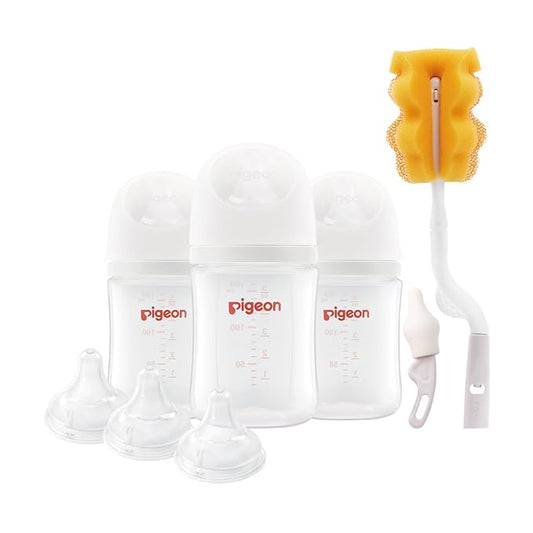 Pigeon Newborn Baby Bottle Feeding Gift Set, Nurture & Nest, Anti-Colic Wide Neck Bottle with Latch-On Nipple, 3 Bottles (5.4 Oz), 3 Stage 2 Nipples, 1 Bottle Brush and 1 Nipple Brush