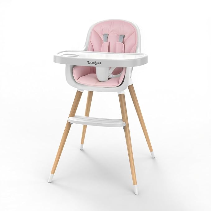 Baby High Chair, Wooden Highchair with Removable Tray, Adjustable Legs, Cushion, 5-Point Harness and Footrest for Infants, Baby, Toddlers, Pink